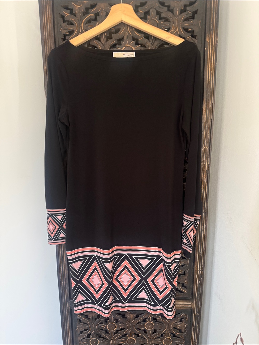 Michael Kors Black Long-Sleeve Dress with Pink Geometric Trim